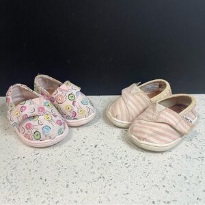 2 Pairs TOMS Baby Walker Canvas Shoes | Donuts & Stripes Cream Pink | Toddler 4
